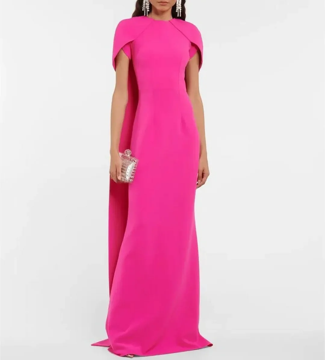 

Dora Dress Vintage Long Hot Pink Crepe Evening Dresses With Cape Sheath O-Neck Watteau Train Prom Dress Robes de Soirée for Wome