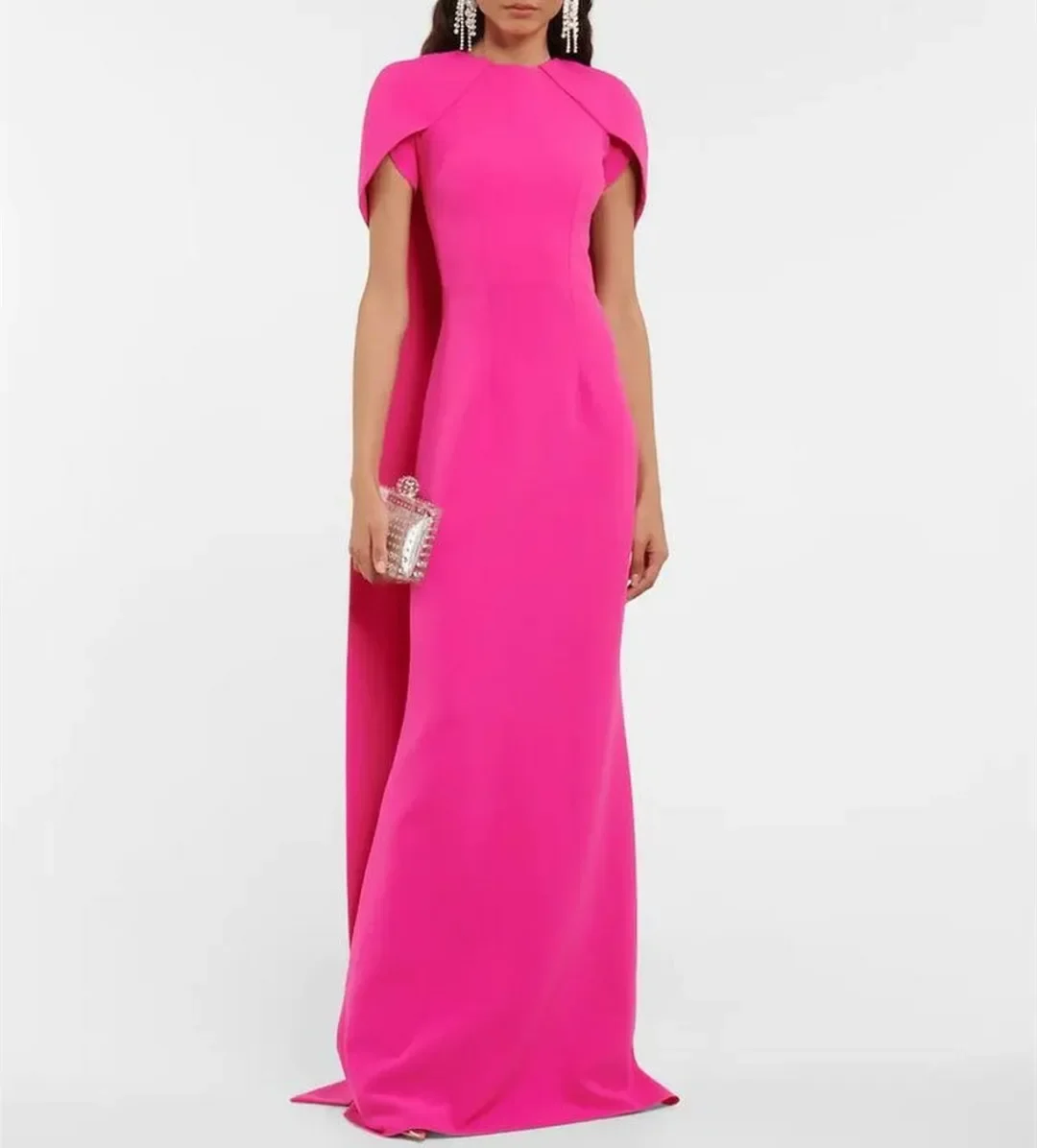 Dora Dress Vintage Long Hot Pink Crepe abiti da sera con mantello guaina o-collo Watteau Train Prom Dress Robes de Soirée for Wome