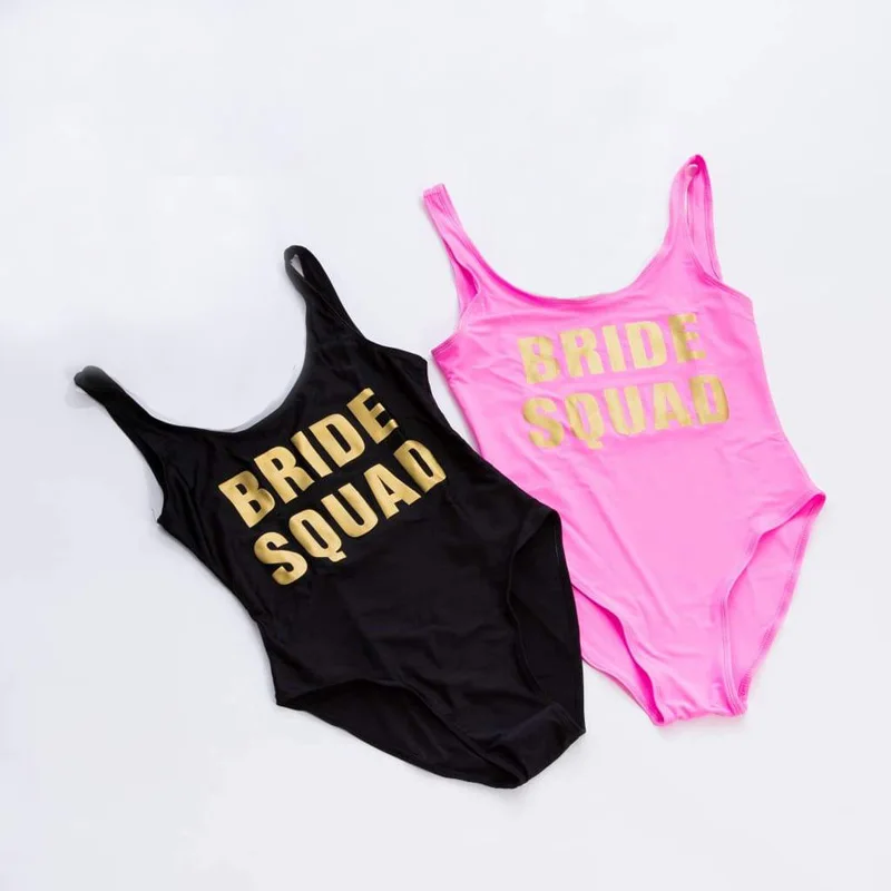 Bahcelorette Team Bride Monokini Swimsuits Bride Squad Gold Text One Piece Swimsuit Sexy Women Swimsuit Female Bathing Suit