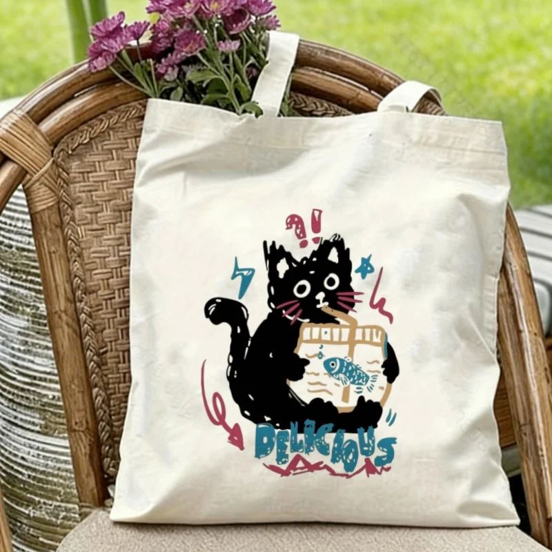 

1PC Funny Black Cat with Fish Drink Print Lightweight Canvas Shoulder Bag for Daily Use