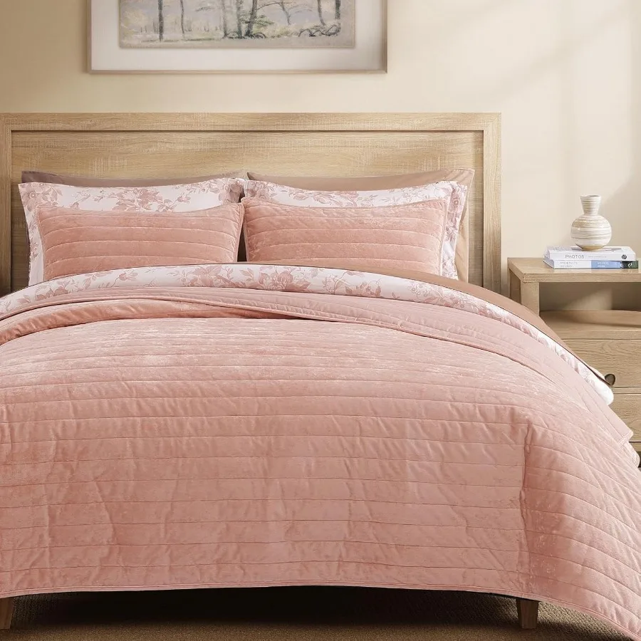 

Velvet Queen Quilt Set 3 Pieces Clay Pink Luxurious Velvet Striped Channel Comforter with 2 Shams Soft Bedspread Coverlet Quilt