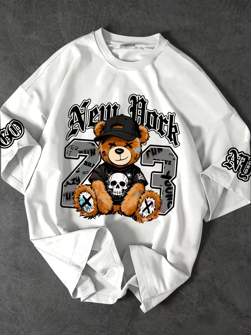 Mens T-shirt cartoon patched teddy bear skull new york letter number sleeve emblem print short sleeve crew neck urban shirt