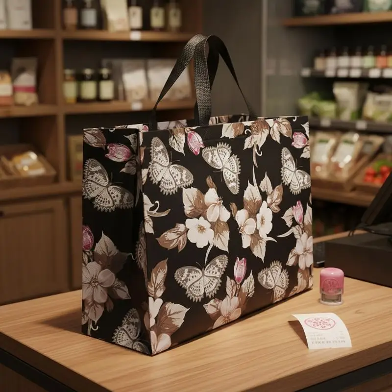 Reusable Flower Pattern Non Woven Tote Bag Foldable Lightweight Large Capacity Shopping Bag for Grocery Supermarket Outdoor