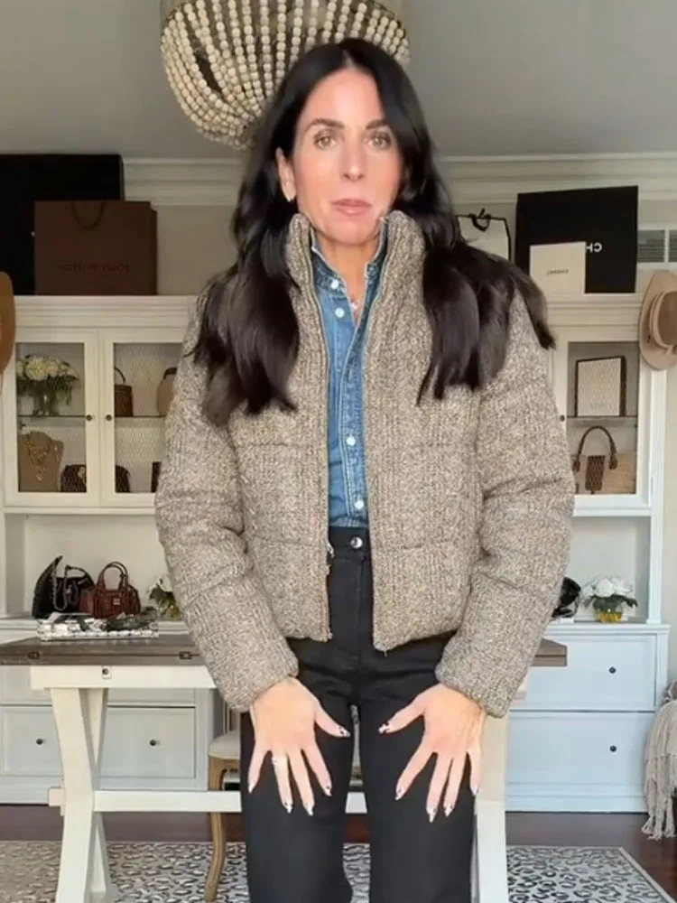 

HH Woman Fashion High Collar Pockets Zippers Slim Street Style Knitted Coats Women Long Sleeve Solid Texture Winter Short Jacket