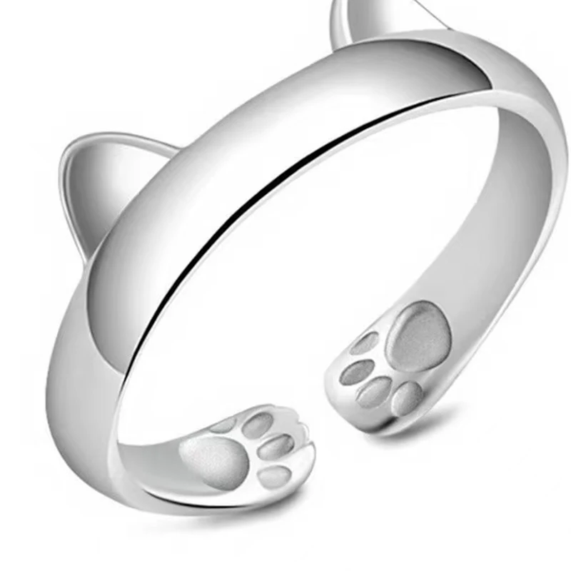 NEW European S925 Sterling Smooth Silver Cat Paw Print Couple Ring Adjustable For Women Men Birthday Party Wedding Gift Jewelry