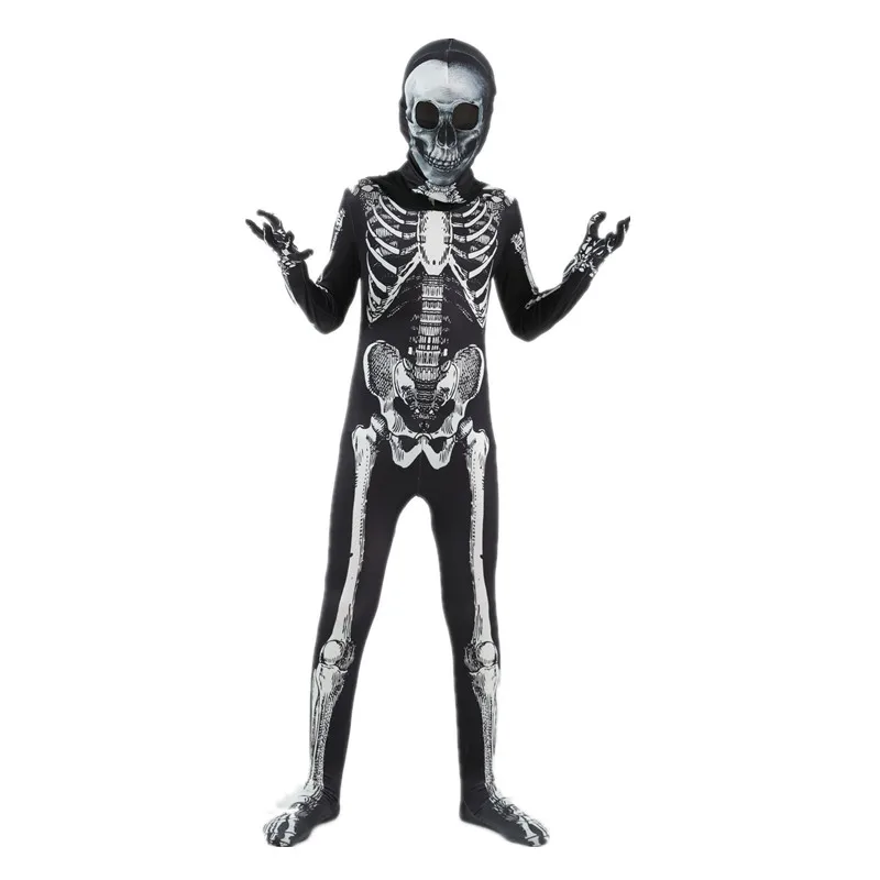 Child Skeleton Horror Hooded Costume Men\'s Dark Spooky Skeleton Tights Halloween Role Play Carnival Performance Costume