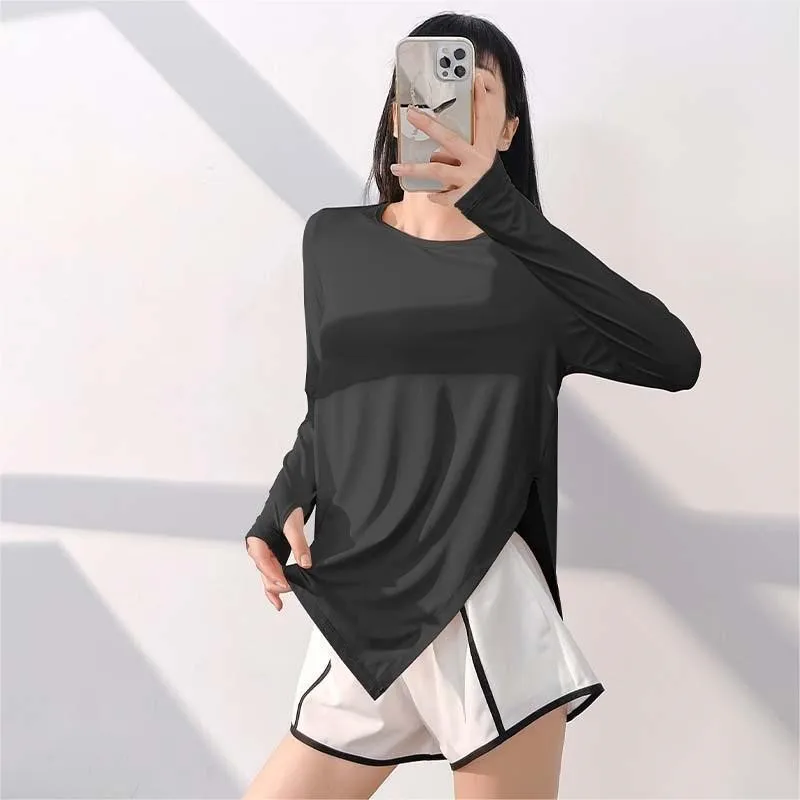 

Fitness Women Quick Drying Long Sleeves Tops 2024 Summer High Elasticity Loose Size Sports Contrast Design Shoulder Yoga Tops