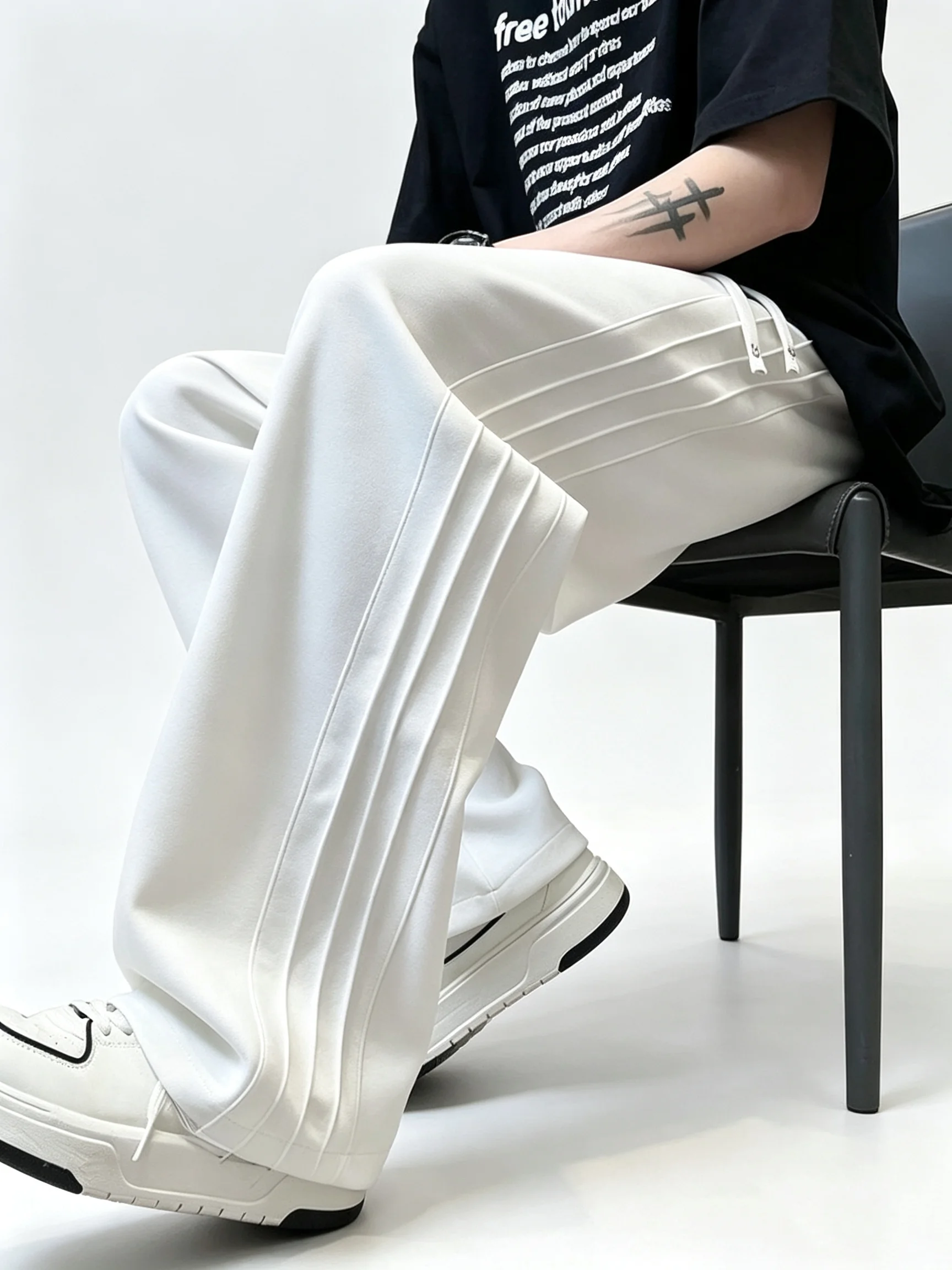 Men Wide Leg Sweatpants Side Pleated Striped Drawstring Elastic Waist Loose Straight Trousers Casual Streetwear Male Sports Jogg
