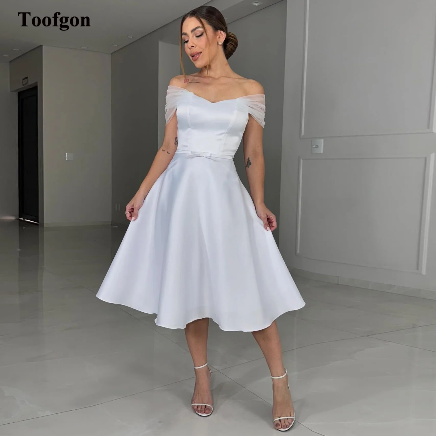 

Toofgon Simple Satin Short Wedding Dresses Bride Customized Off The Shoulder Bridal Gowns Wedding Photo Shoot Prom Wear 2025