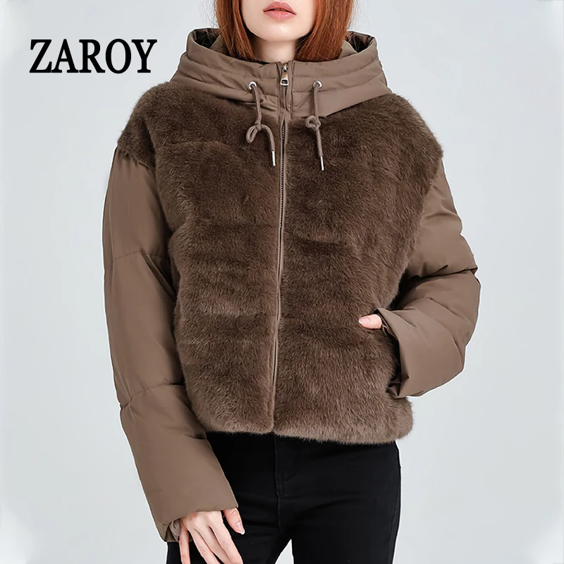 

ZAROY Cotton Jacket Women Winter Casual Woman Warm Padded Puffer Patchwork Faux Fur Hooded Short Coats Parkas куртка же