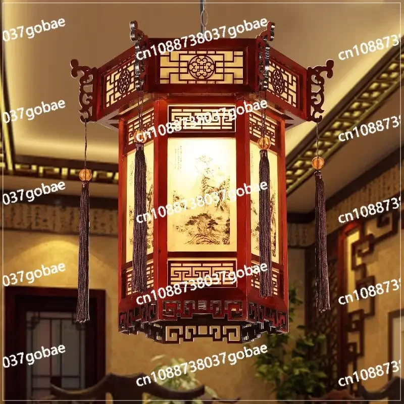 Chinese Antique Solid Wood Chandelier Hexagonal Temple Ancestral Hall Palace Lamp Retro Hotel Teahouse Hotel Corridor Balcony