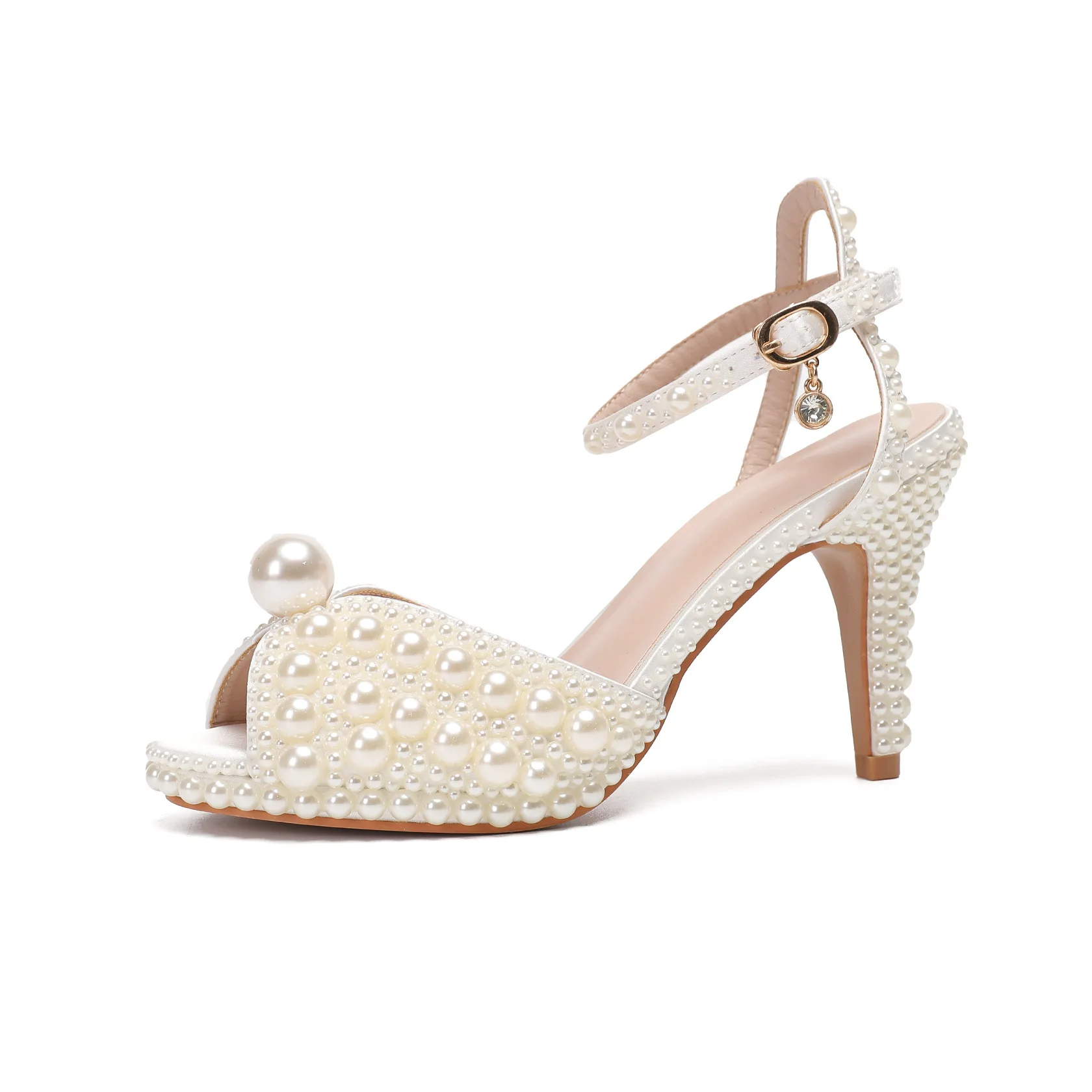 Nowa moda damska Wysokiej jakości sandały ślubne 8.5CM Buty damskie Pearls Studs Luxury Peep Toe High Heels Buckle Woman Sandal