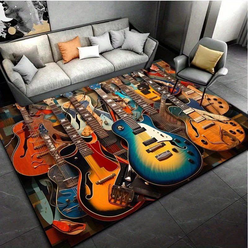 

3D Guitar Print Flannel Rug - Luxurious Anti-Slip Carpet for Living Room, Bedroom & Laundry Room, Machine Washable