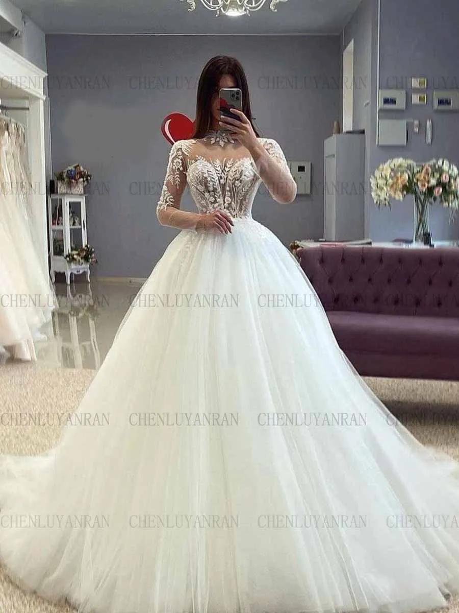 Elegant Tulle Wedding Dresses High Neck Illusion Sexy Bride Gown Full Sleeves Long Elegant Dresses For Women 2023 robe de mariée