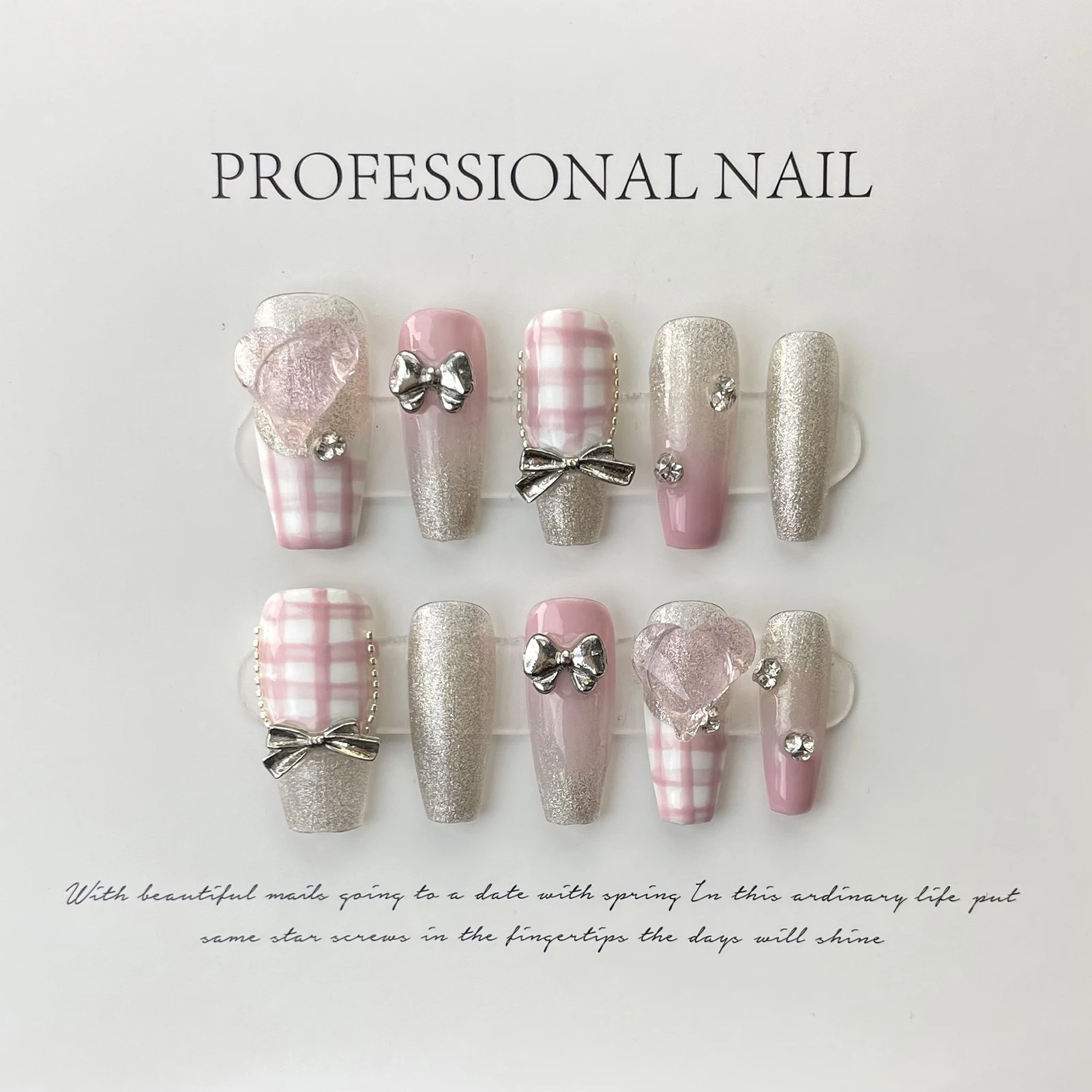 10Pcs Cat's Eye Press On Nail Handmade Shiny Pink Check 3D Bowknot False Nail Medium T French Style Wearable Ballerina Nail Tips