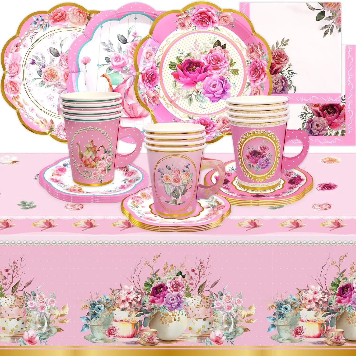 Juego de vajilla desechable para fiesta, suministros para fiesta de té, 12 juegos, tazas de té y platillos de papel floral rosa, platos, servilletas, mantel rosa