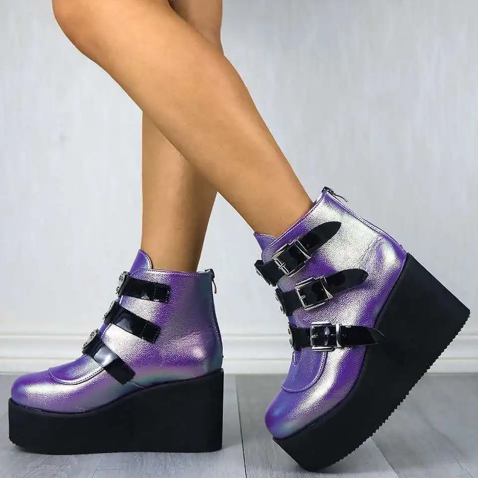 2023 New Purple Gothic Motorcycle Boots Zip High Heel Punk Rivets Chunky Platform Mid-Calf Women Boots Shoes Women Big Size42 43