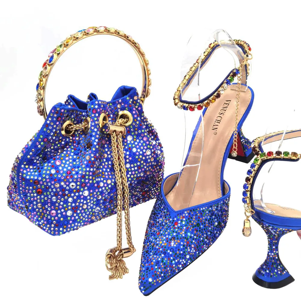 2024 Italian Design Luxury Women's Pointed Shoes And Bag Set Blue Full Diamond Decoration Shoes for Party