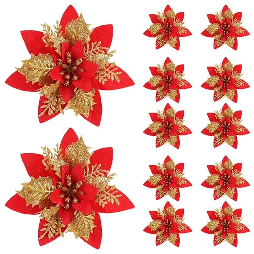 5/10pcs 14.5cm Christmas Flower Ornaments,Pink,Red,Gold,Glitter Artifical Flowers For Christmas Tree,Xmas Decoration For Home