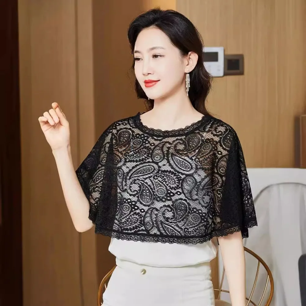 

Fashion White Black Floral Lace Shawl Breathable Hollow Out Bridal Cape Thin Sun Protection Crochet Flower Poncho