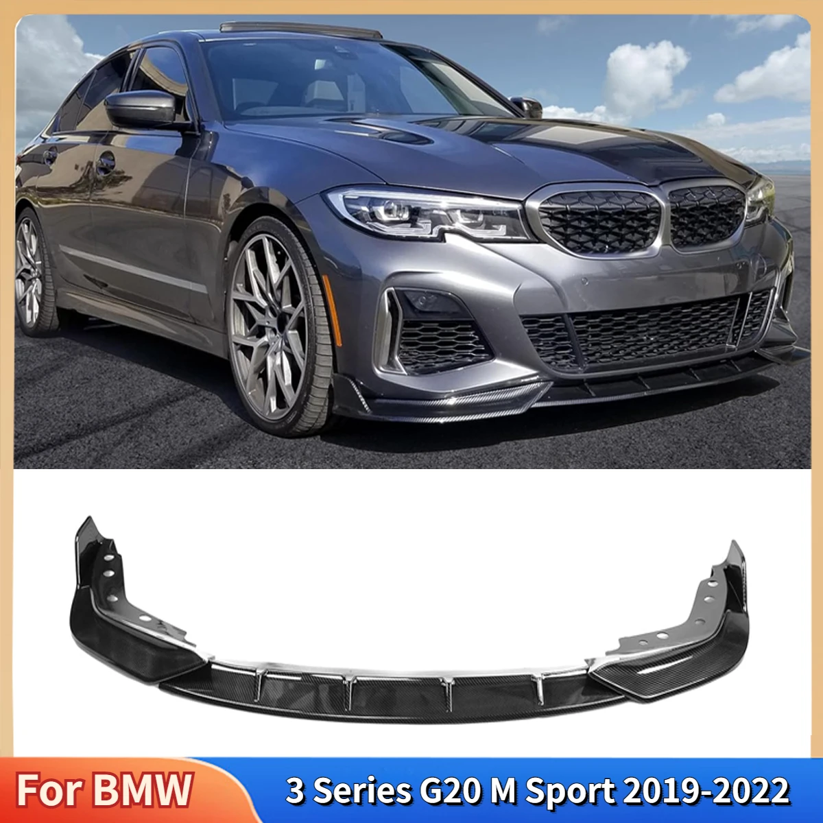 For BMW 3 Series G20 M Sport M340i Car Front Bumper Lip Carbon Look Chin Spoiler Air Dam Splitter Body Kits Accessories Tuning