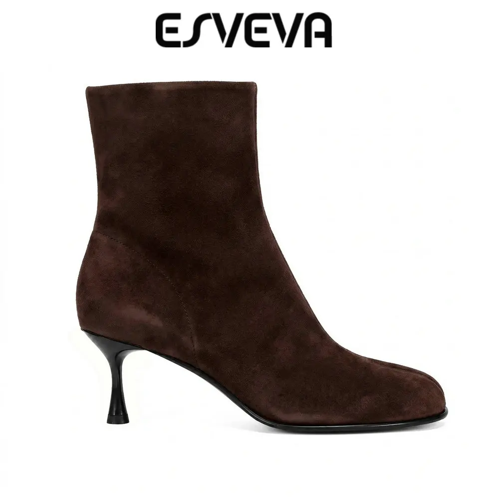 Модные женские ботильоны ESVEVA из коровьей замши, зимняя обувь, осенние сексуальные кожаные элегантные короткие ботинки на высоком каблуке с круглым носком и молнией, размеры 35-43
