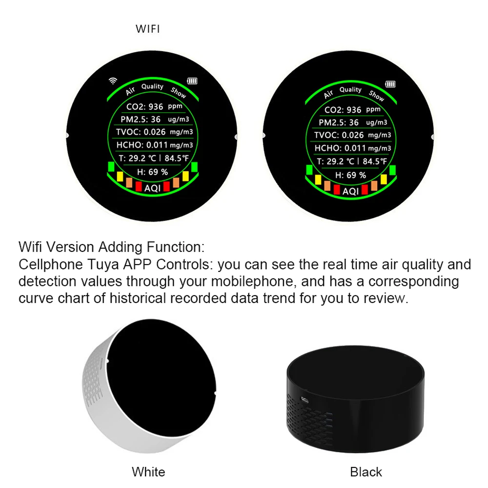 Tuya Wifi 7in1 جودة الهواء متر PM2.5 CO2 TVOC HCHO AQI درجة الحرارة جهاز اختبار الرطوبة إنذار كاشف ثاني أكسيد الكربون عتبة