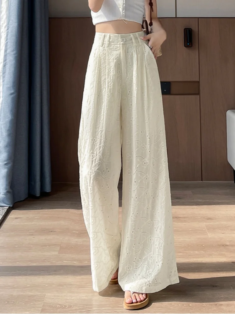 

Белые кружевные брюки с цветочным принтом, женские летние брюки, тонкие повседневные свободные прямые широкие брюки