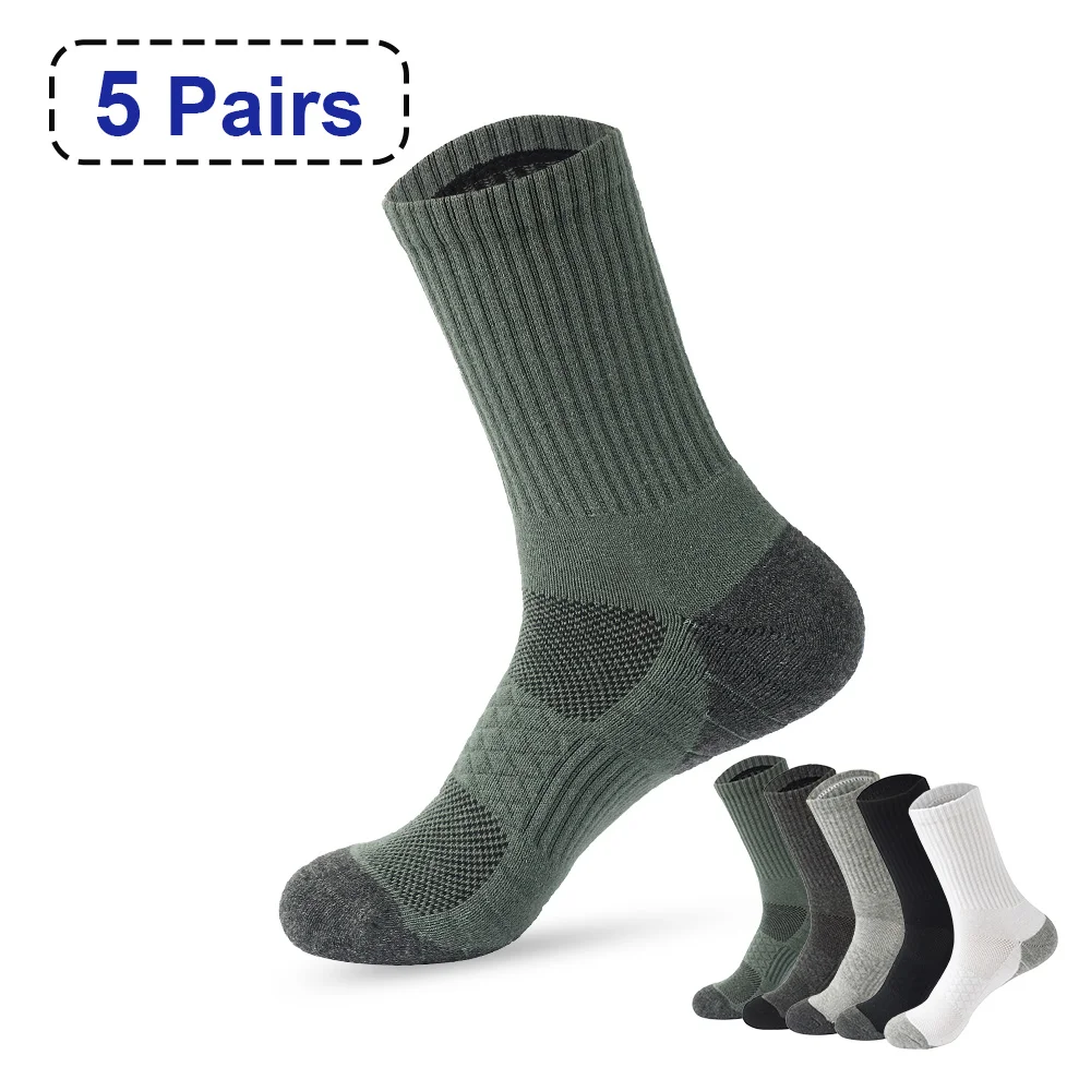 5Pairs New Men Long Sport Socks Compression Socks Breathable Basketball Socks Cushion Terry Sock Running Socks White/Black