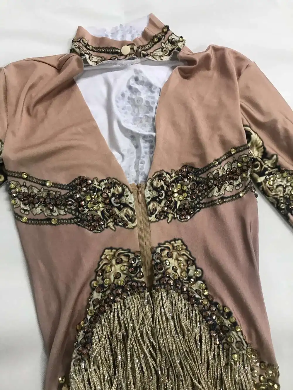 Gold Rhinestone Bodysuits Women Fringe Birthday Party Shinning Long Sleeve Tassel Dancer Gogo DJ Sparkle Drag Queen Stage Wear