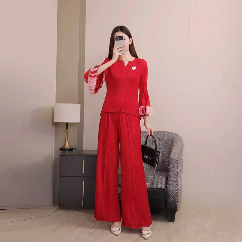 

Miyake Fold 2025 Autumn/Winter New Petal Top Wide Leg Pants Two Piece Set Loose Fold Fashion Commuter Two Piece Set Pleats