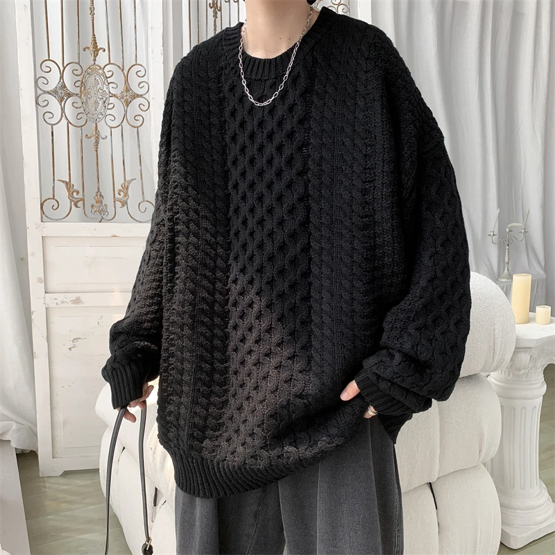 

Loose Men's Knitted Sweater Autumn Winter Faion Brand High-End Sensation Lazy Vintage Oversize Knitwear Jaet Twist Pattern