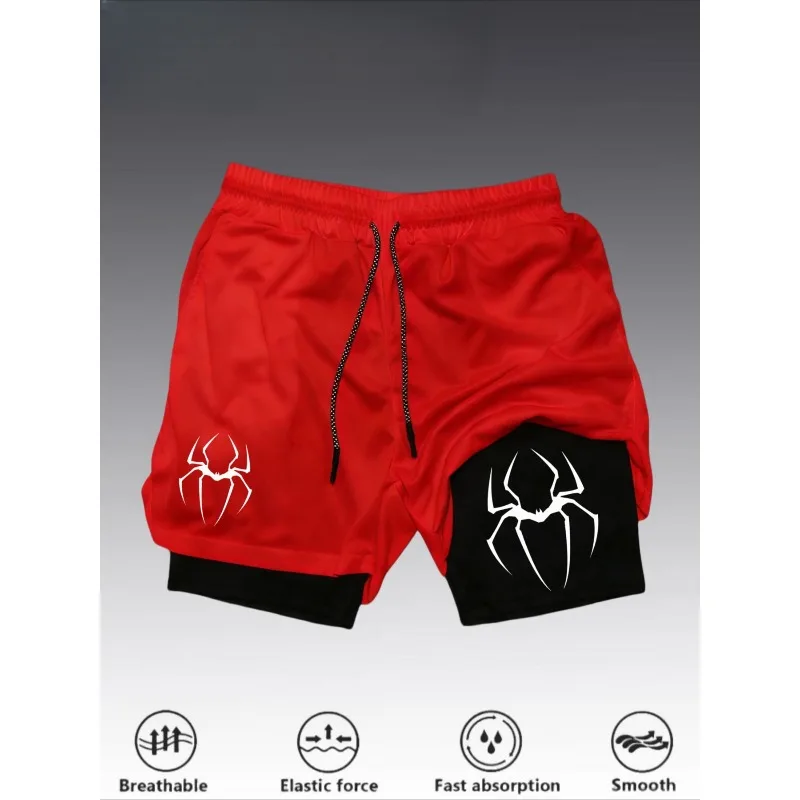 Summer men's multifunctional double-layer casual shorts | Spider fashion print | Men's running sports shorts