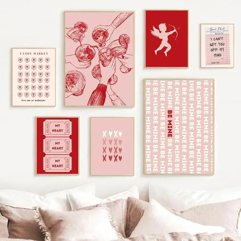 Valentine\'s Day Queue Gallery Printable Poster Vintage Romantic Wall Art Cute Pink Heart Canvas Painting Home Bedroom Decoration
