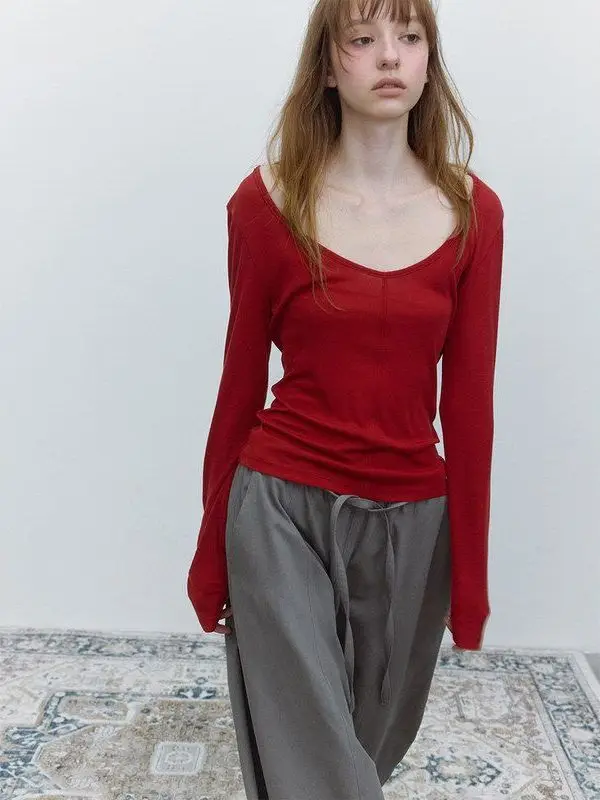 

Hello September Pure Color Wool Long Sleeve Loose Fit Base Shirt Large V-Neck Easy to Wear H9285 Women's Fashion Shirt