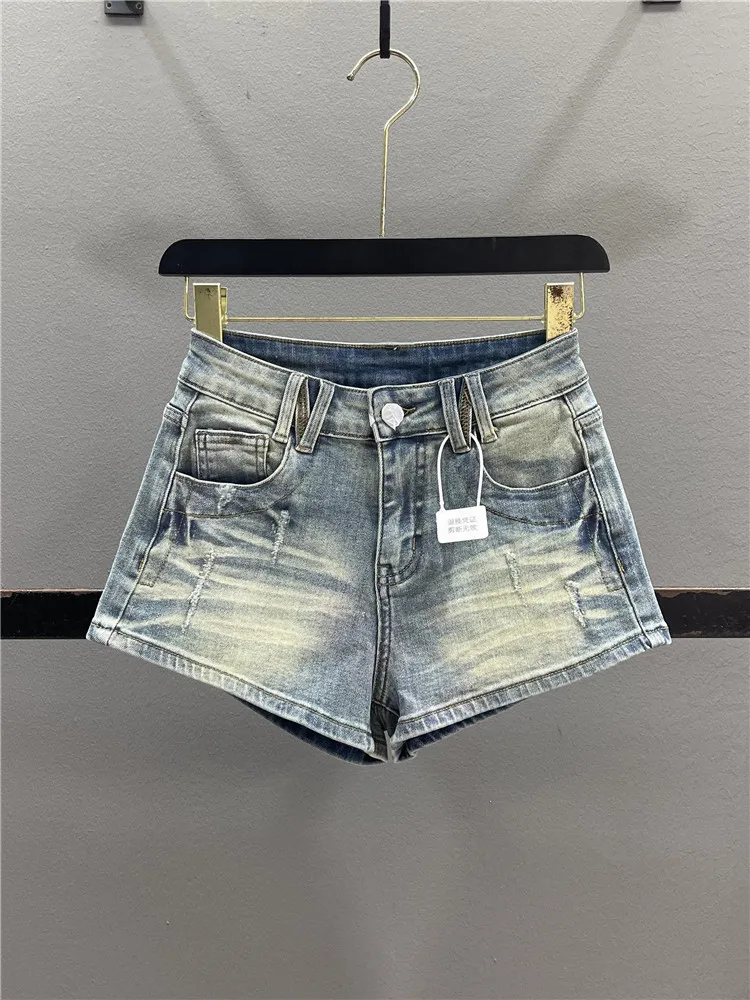 Retro Washed Distressed Denim Shorts for Women Slim Fitting Hot Pants Casual Style Natural Waist Cotton Stretch Fabric