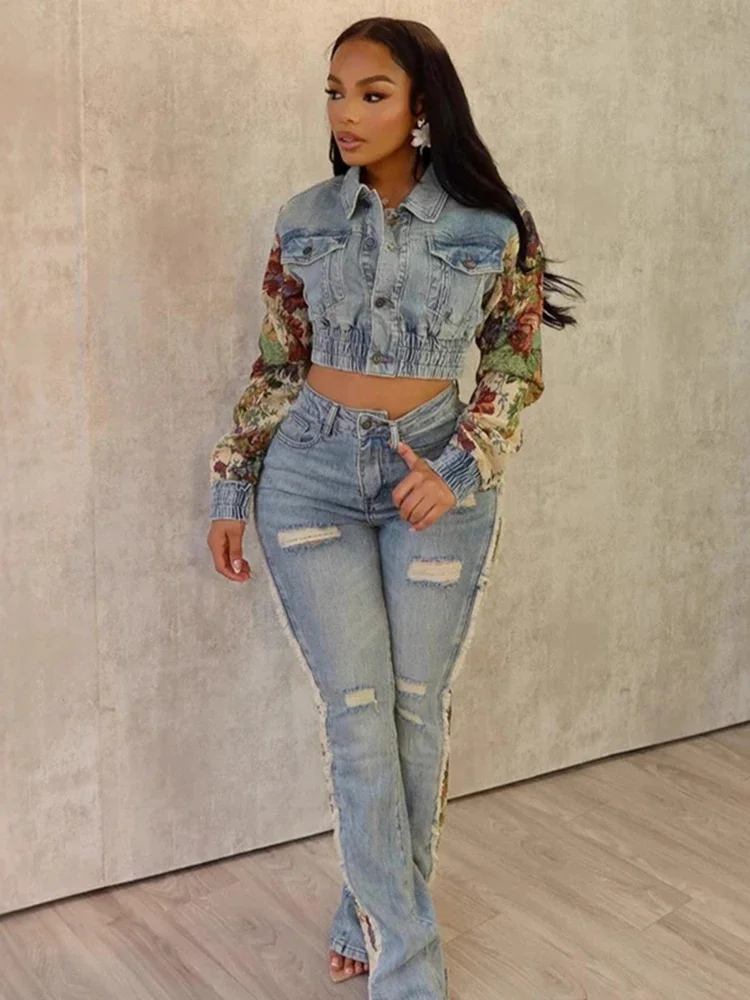 Weird Puss Camo Print Denim 2 Piece Set Women Cardigan Single-Breasted Crop Jacket+Distressed Irregular Jeans Street Trend Suit