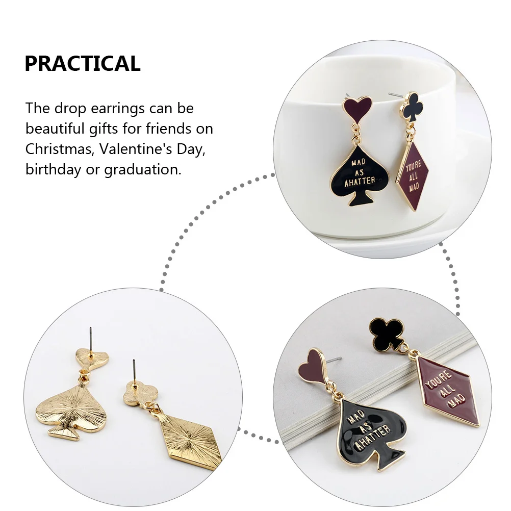 

2Pairs Letter Earrings Asymmetrical Dangle Poker Spades Hearts Plum Earrings for Women Lightweight Party Daily Jewelry
