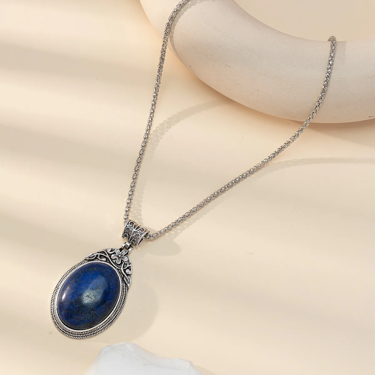 inlaid lapis lazuli sandstone blue agate tiger's eye stone sweater chain necklace DIY pendant.