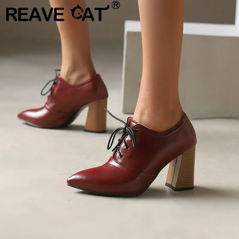 REAVE CAT Sexy Office Lady Pumps Pointed Toe Block High Heels 8cm Lace Up 48 49 50 Vintage Daily Women Shoes Spring