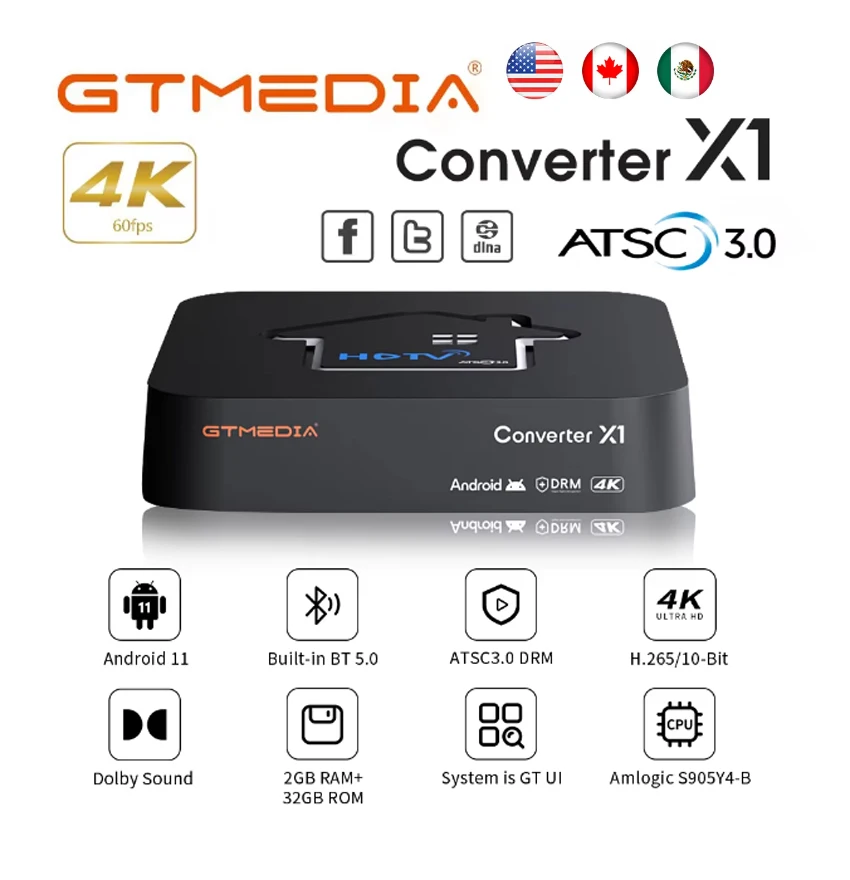 GTMEDIA HDTV Converter X1 Amlogic S905Y4-B 4K HDR Android 11 TV BOX ATSC3.0 Smart Decoder  Built-in Wifi,BT 5.0 for America