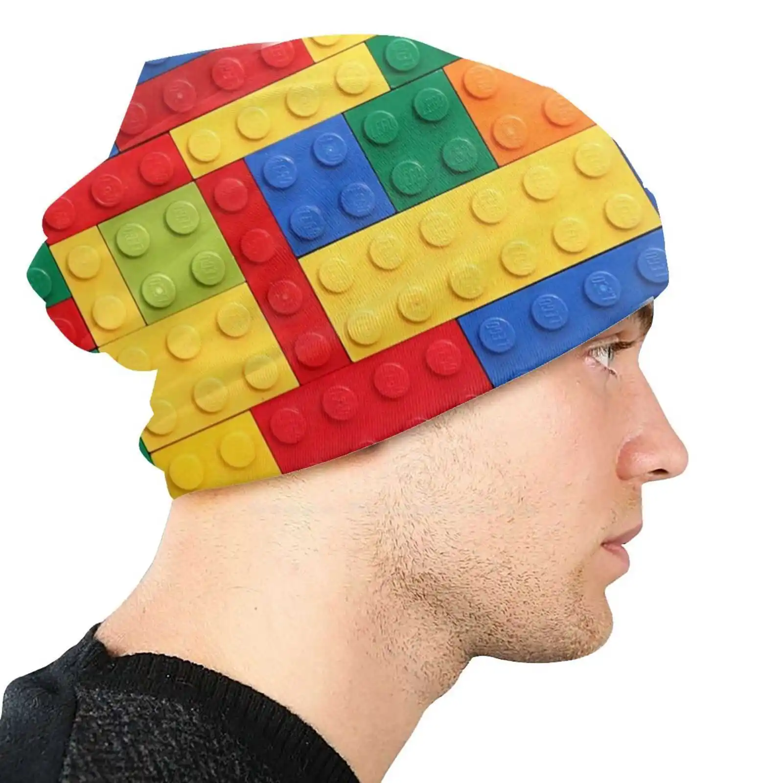 Colorful Bricks Design Knitted Hat Warm Beanie Outdoor Caps Bricks Variety Toy Blue Red Yellow Green Pattern Lines Geometry