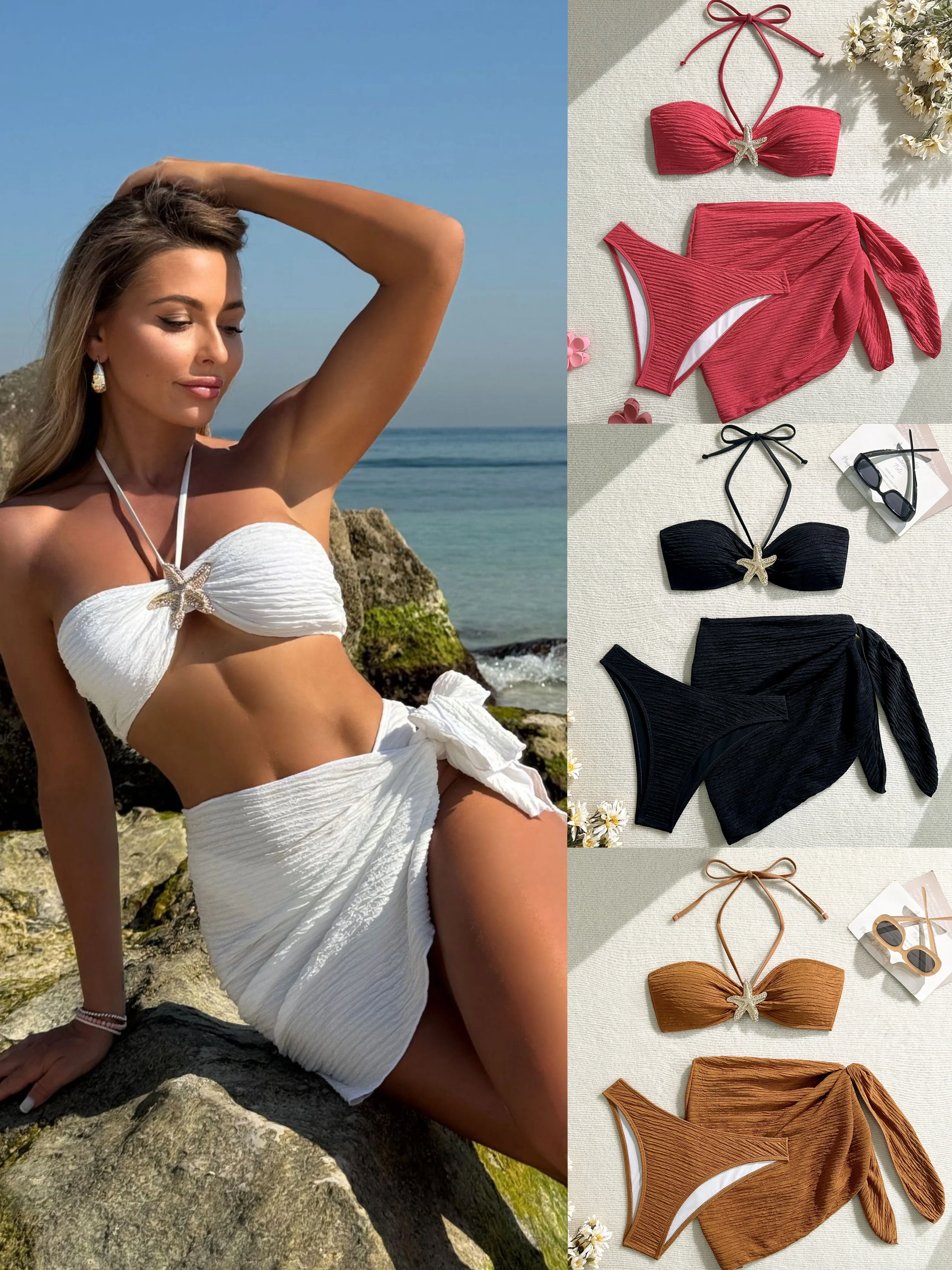 

2025 Women'S Fashionable Sexy Solid Color Bikini Three-Piece Swimsuit Set Pink Summer Suit