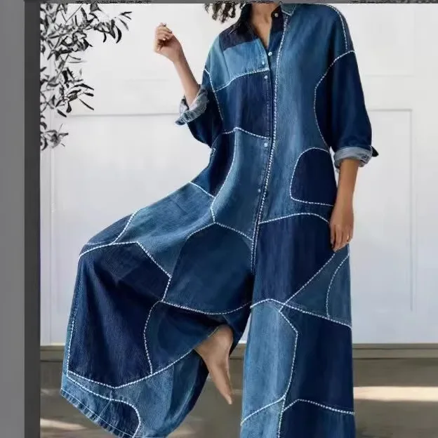 2026 Spring/summer New Retro Letter Printed One-piece Wide Leg Pants Imitating Denim, Washed Loose And Casual
