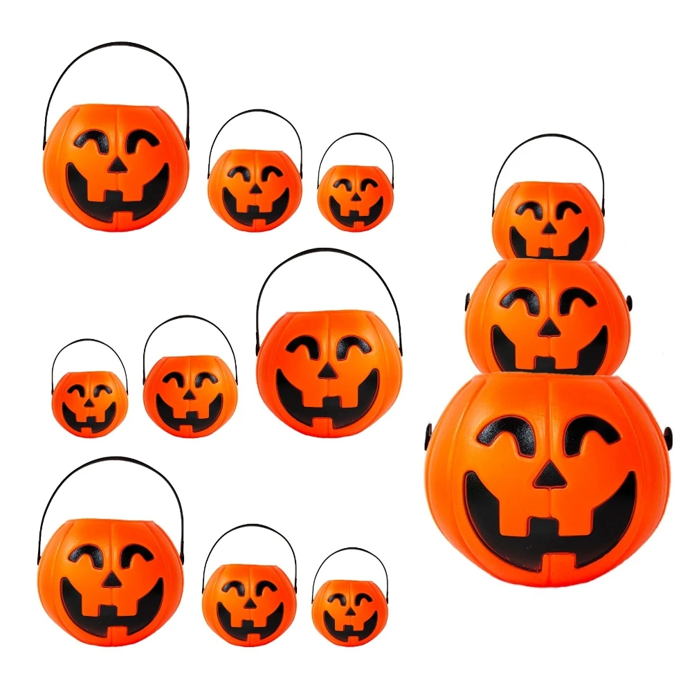 Mini Halloween Pumpkin Bucket Plastic Candy Pot Cauldron Holder Jar Trick or Treat Halloween Party Decoration Props Kids Toy