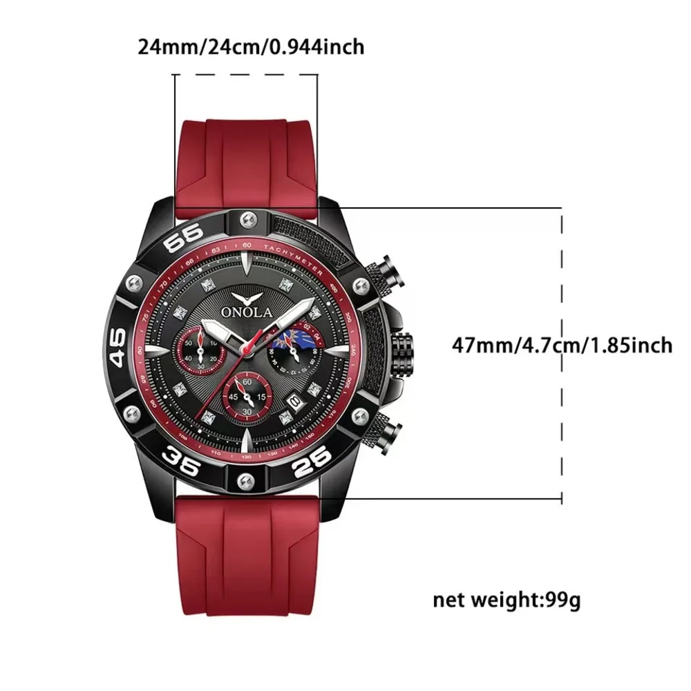 Onola Nieuwe Mode Casual Grote Wijzerplaat 47Mm Waterdichte Lichtgevende Kalender Maan Fase Quartz Horloge Voor Mannen Hoge Kwaliteit Reloj Hombre