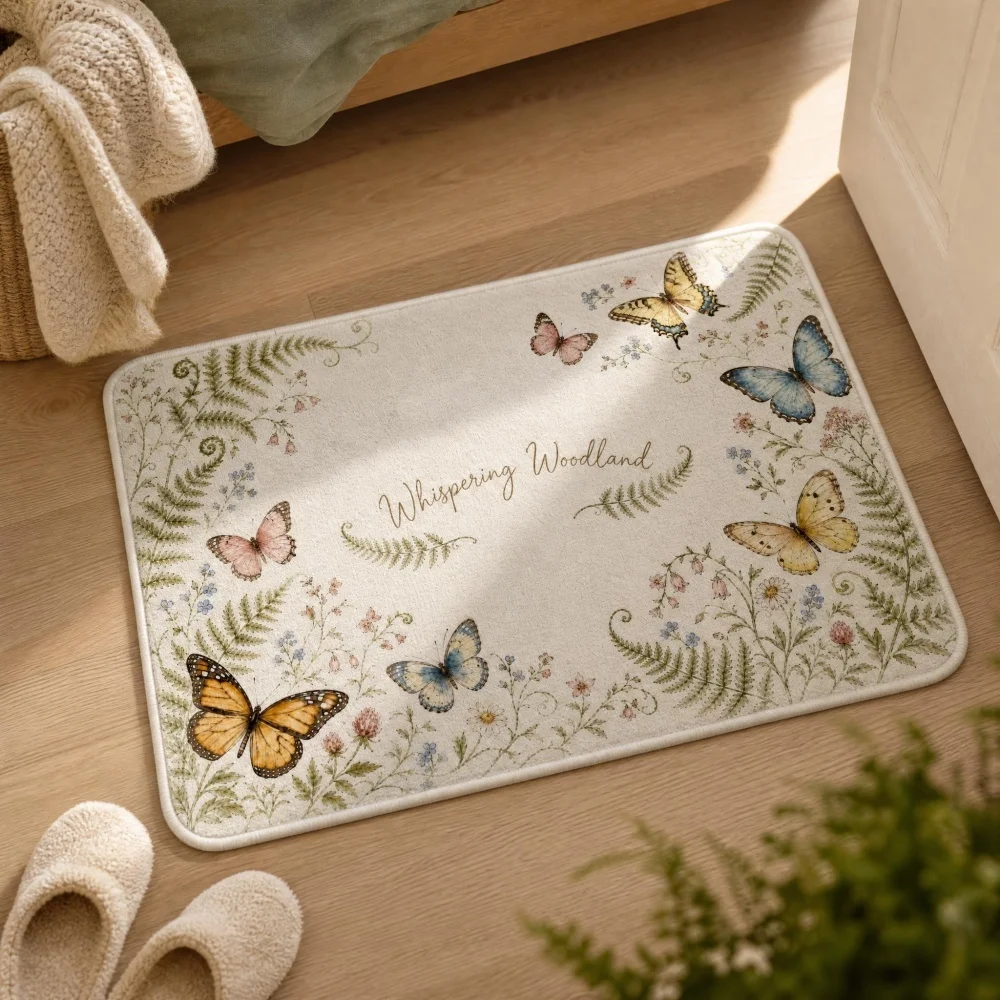 Watercolor Butterfly Fern Floral Flannel Doormat, Non Slip Indoor Entrance Floor Mat, Cottage Woodland Nature Themed Area Rug