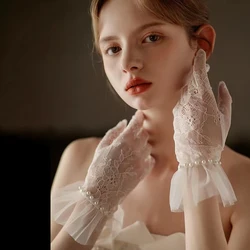 1 Pair Exquisite Short Gloves Wedding Bridal White Lace Pearls Ruffle Edge Women Ladies Bride Bridesmaid Finger Wedding Decors