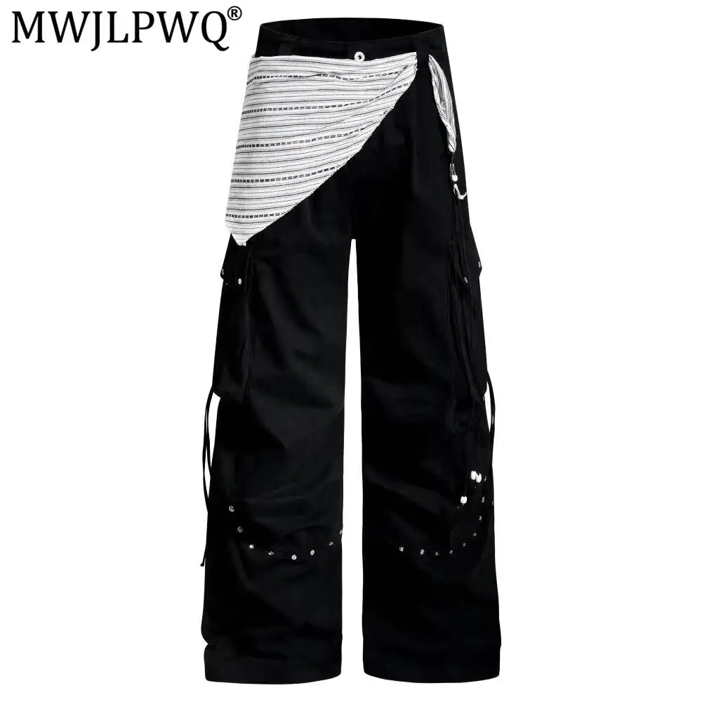 MWJLPWQ Men's Detachable Leather Decoration Loose Trousers Multi-Pocket Design Wide-Leg Straight Pants 2026 Autumn Stylish 15129