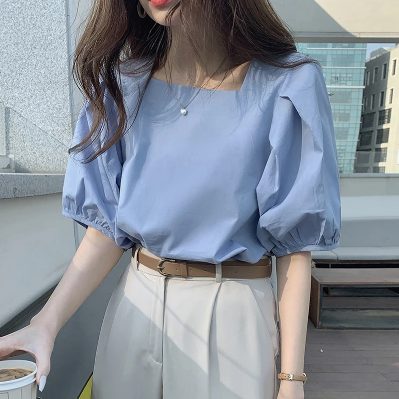 

Женская блузка Sweet Forest с коротким рукавом-фонариком, квадратным воротником, модная, универсальная, с рукавами-фонариками